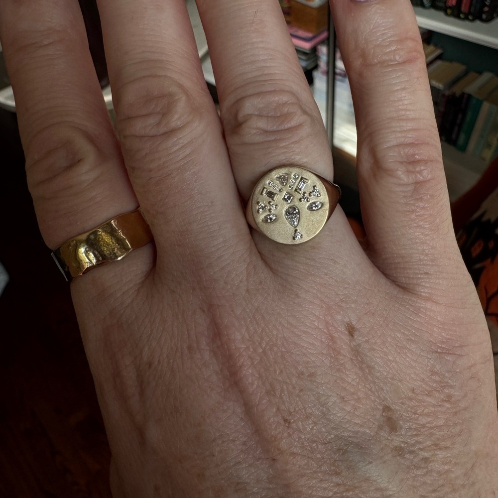 14K DIAMOND MOSAIC BRUSHED GOLD ROUND SIGNET RING - Picture 4 of 9